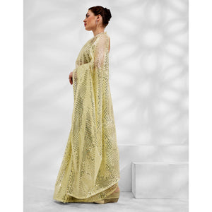Lemon Yellow Embroidered Sequinned Organza Saree