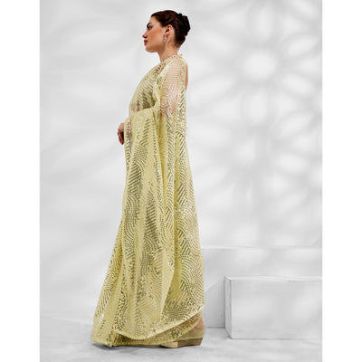 Lemon Yellow Embroidered Sequinned Organza Saree