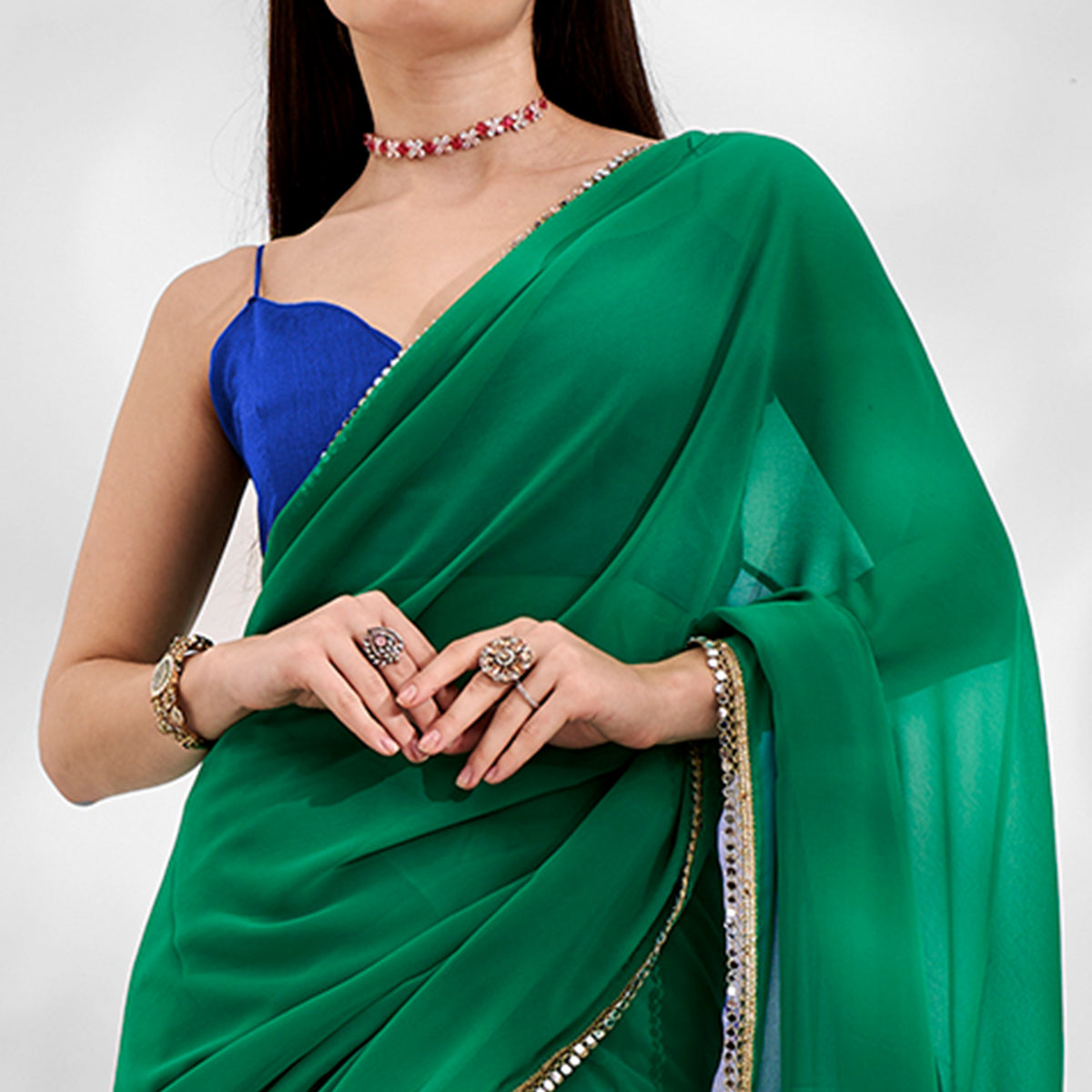 green-blue-solid-georgette-designer-saree