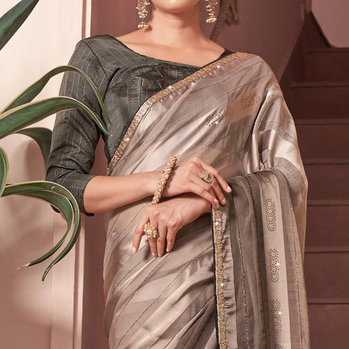 Light Brown Swarovski Work Georgette Saree