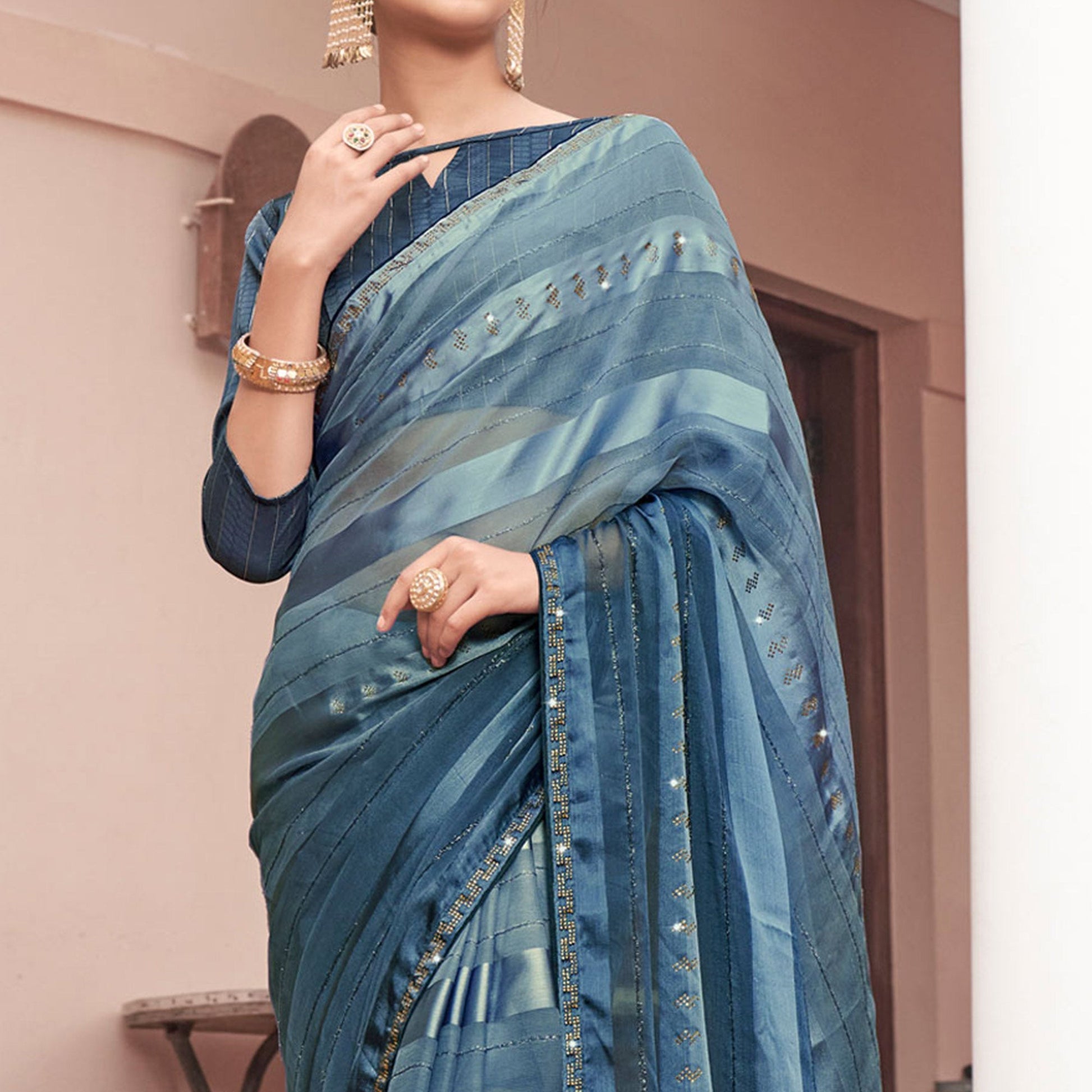 Blue Swarovski Work Georgette Saree
