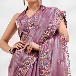 Lavender Floral Embroidered Tissue Saree
