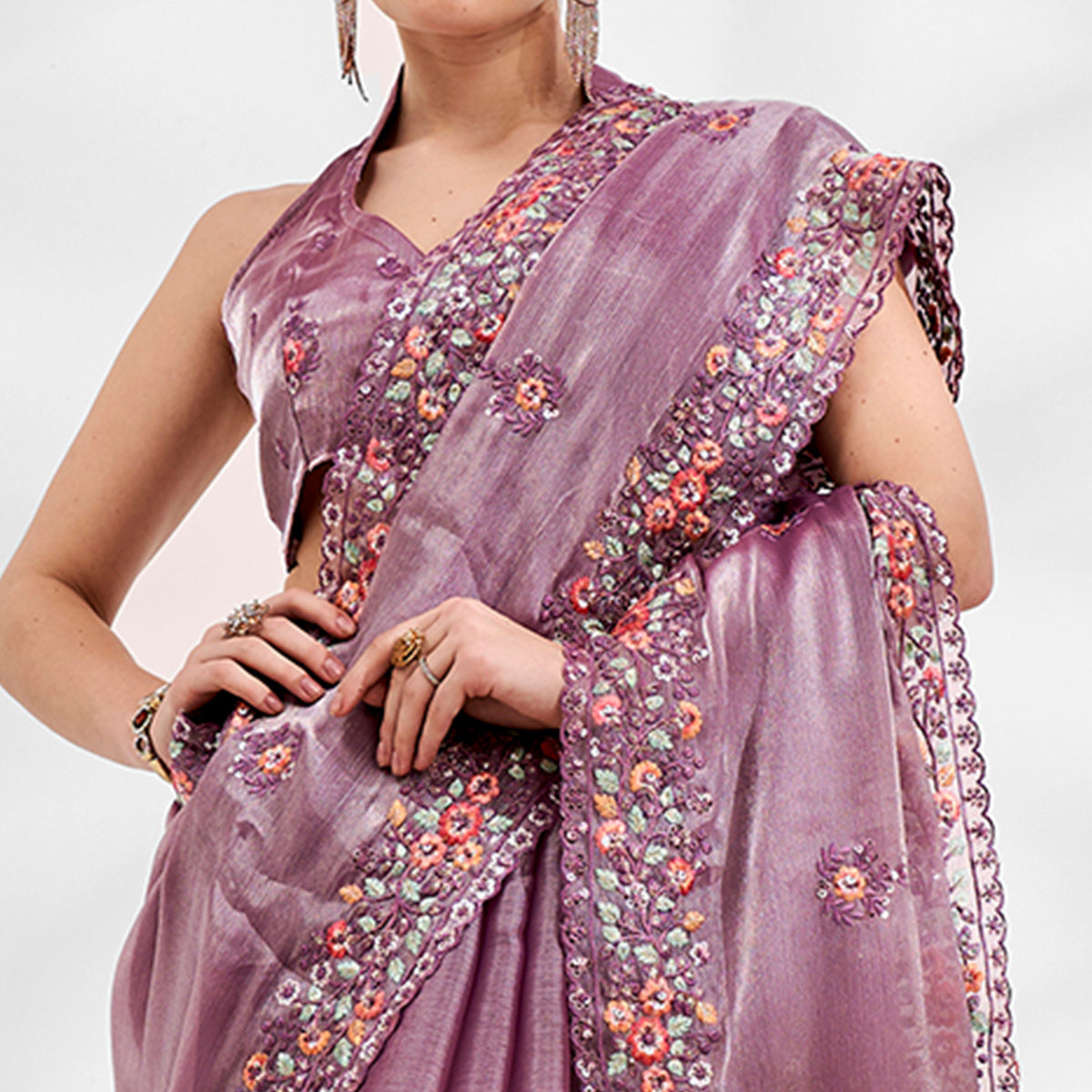 Lavender Floral Embroidered Tissue Saree
