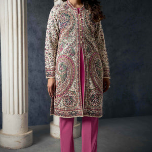 Cream Paisley Weaving Woolen Front Slit Top Bottom Set with Jacket