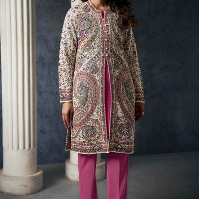 Cream Paisley Weaving Woolen Front Slit Top Bottom Set with Jacket
