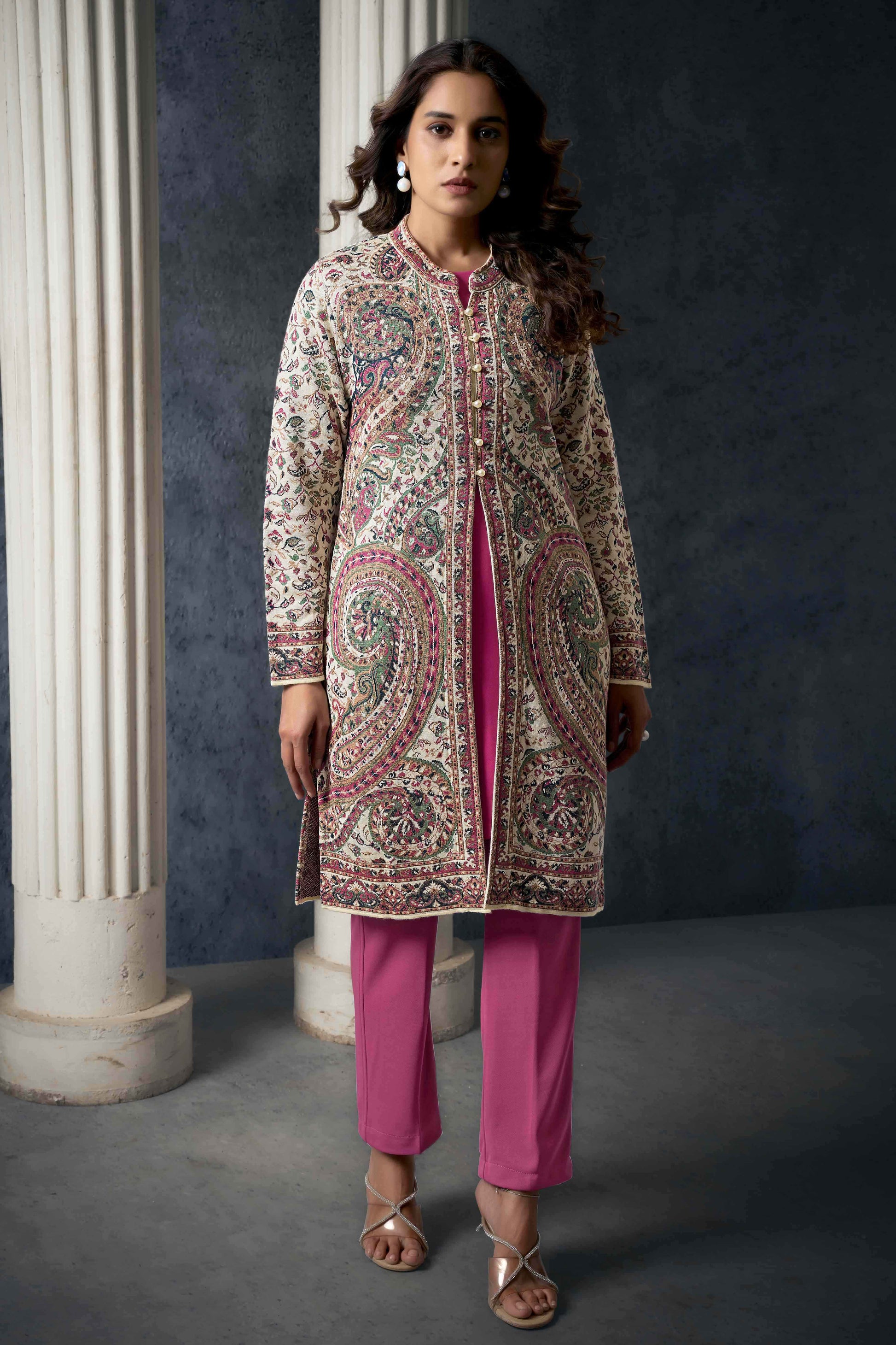 Cream Paisley Weaving Woolen Front Slit Top Bottom Set with Jacket