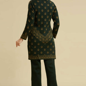Bottle Green Woven Woolen Straight Top Bottom Set