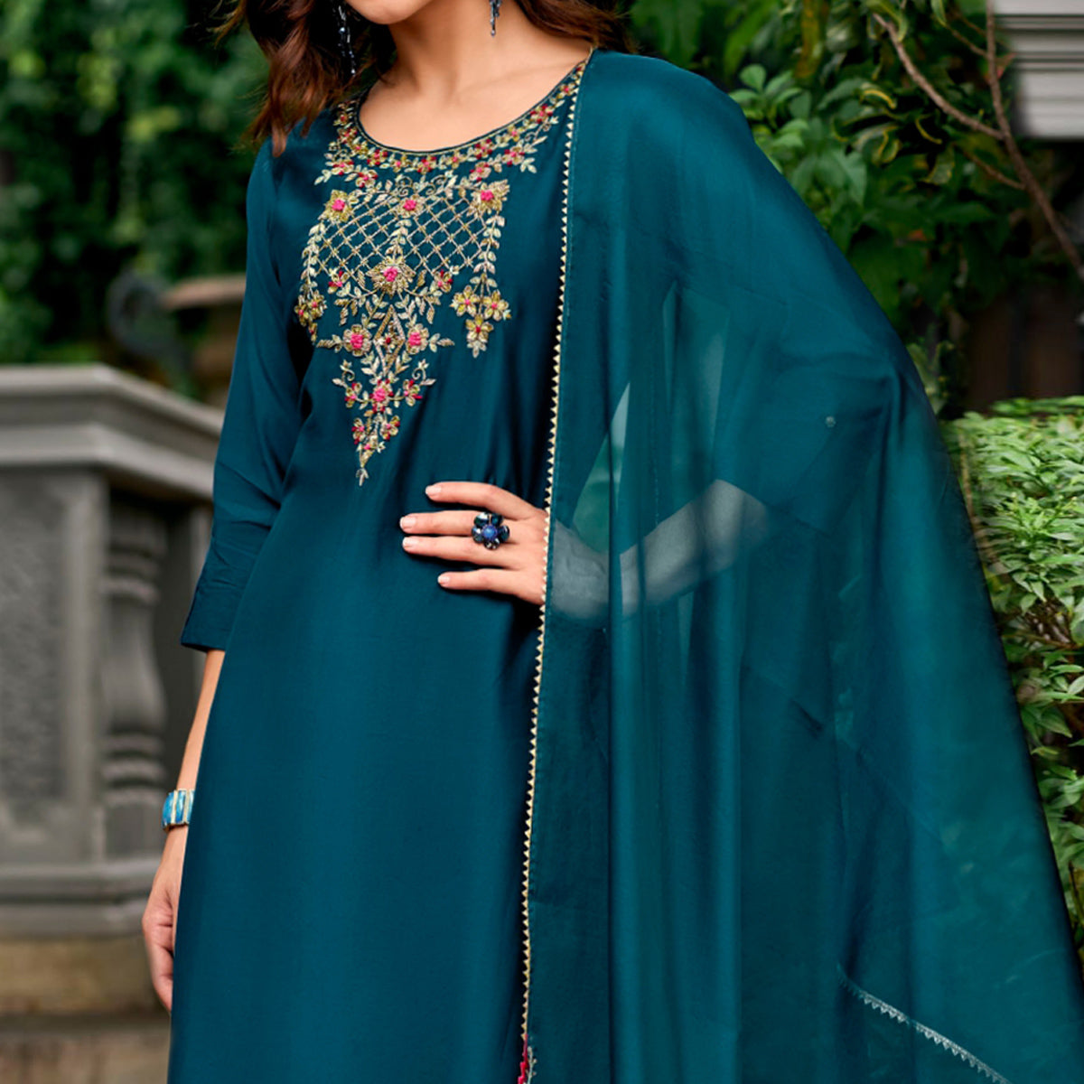 Morpich Floral Embroidery Chanderi Silk Suit