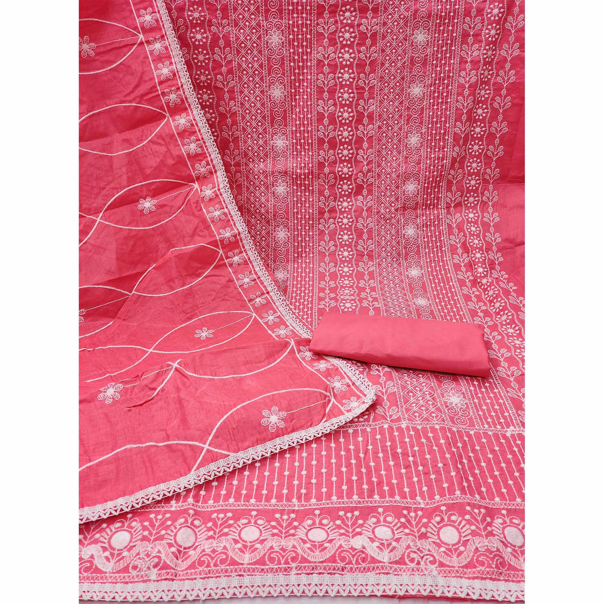 Gajari Pink Floral Embroidered Pure Cotton Dress Material