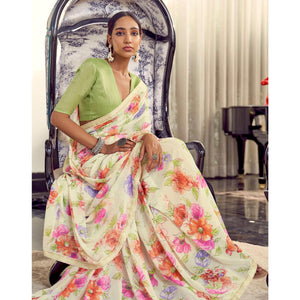 Cream Floral Printed Georgette Saree