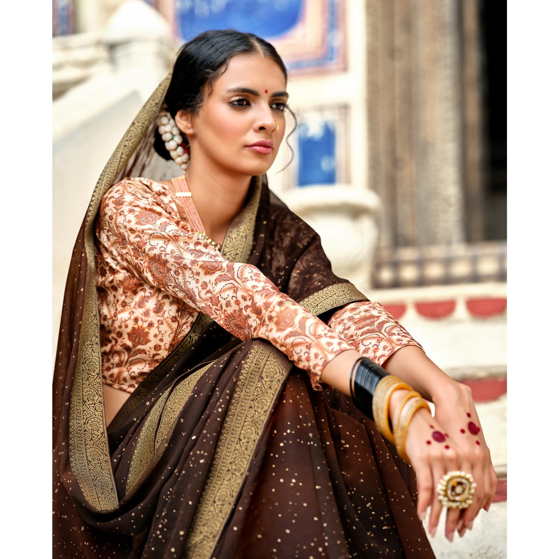 Brown Printed Georgette Saree With Gold Zari