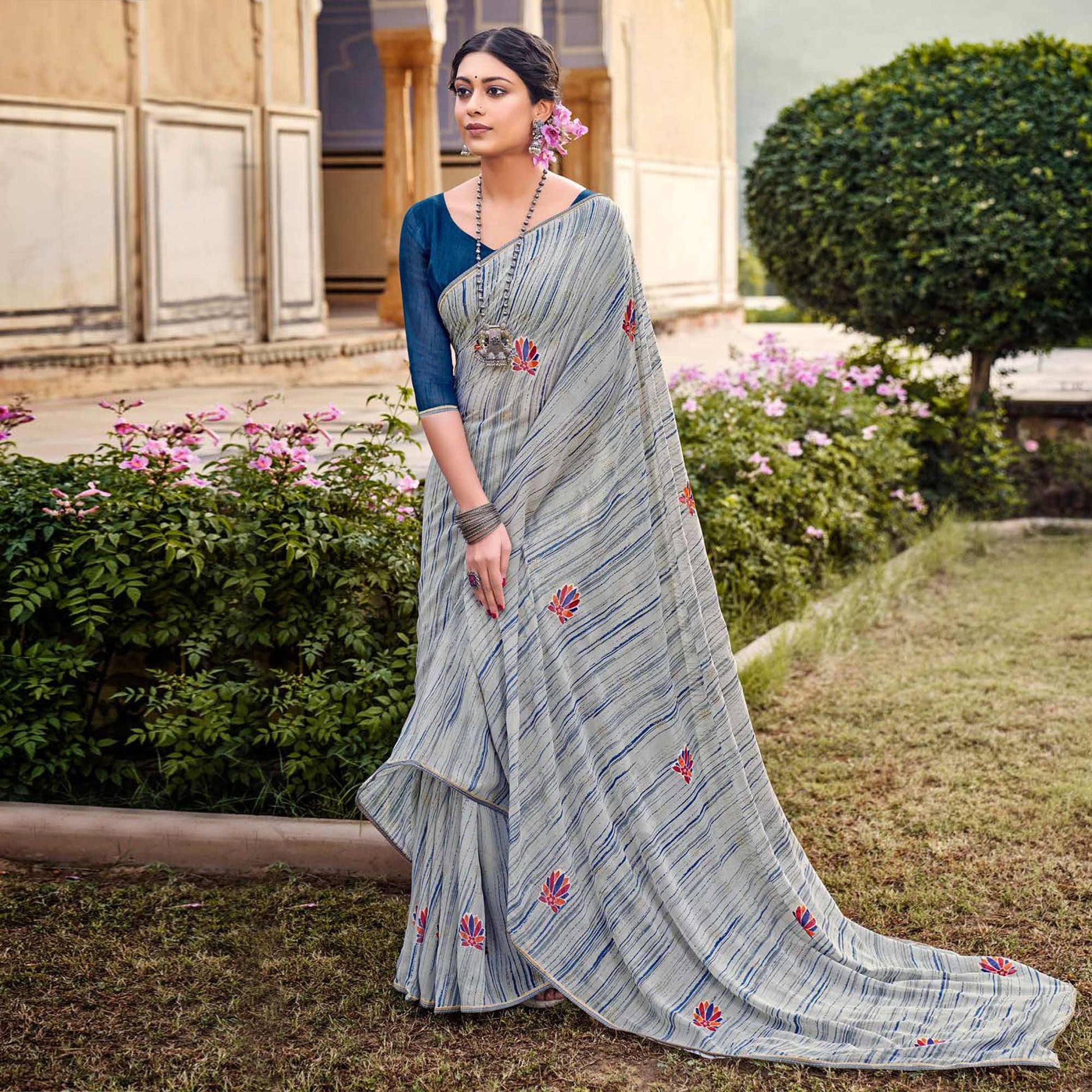 Grey Printed Raw Silk Saree With Fancy Border