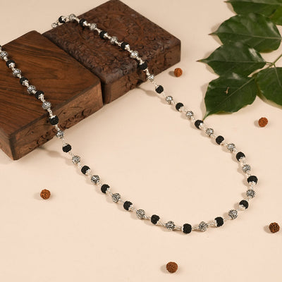 BLACK RUDRAKSHA WITH OM SILVER BEADS MALA