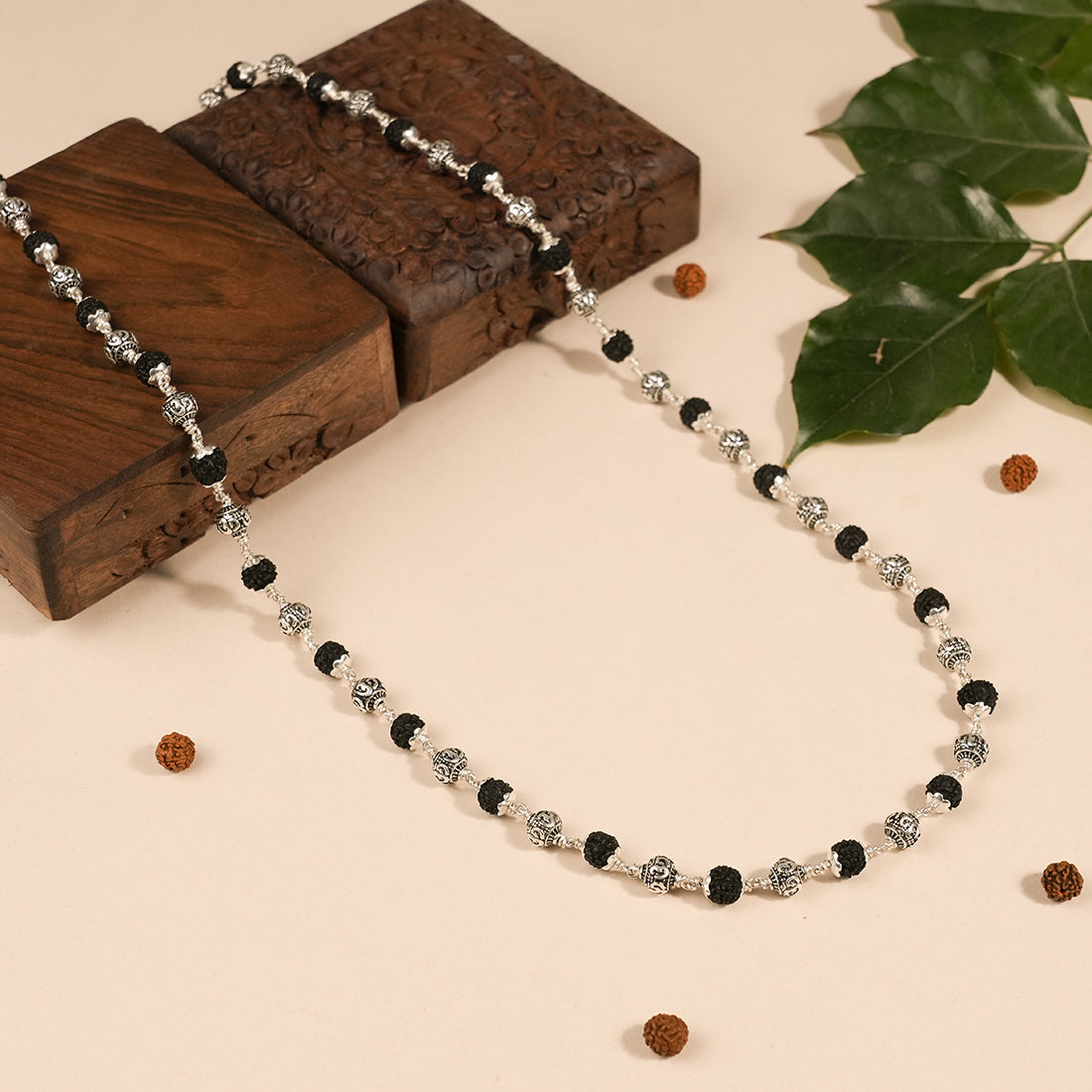 BLACK RUDRAKSHA WITH OM SILVER BEADS MALA