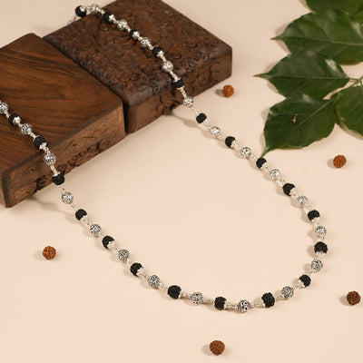 BLACK RUDRAKSHA WITH OM NAMAH SHIVAY SILVER BEADS MALA