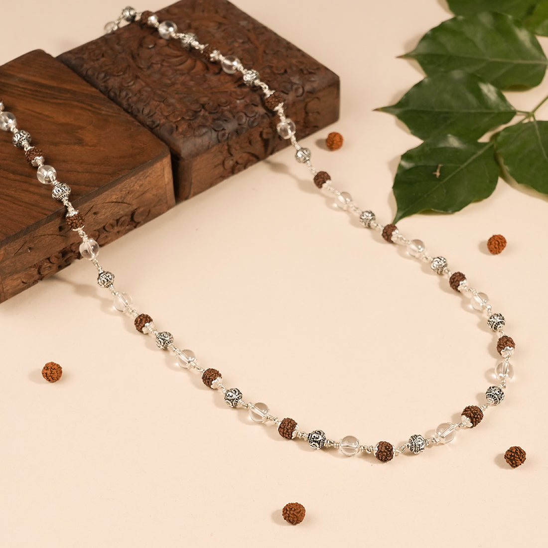 RUDRAKSHA WITH SPHATIK AND OM SILVER BEADS MALA