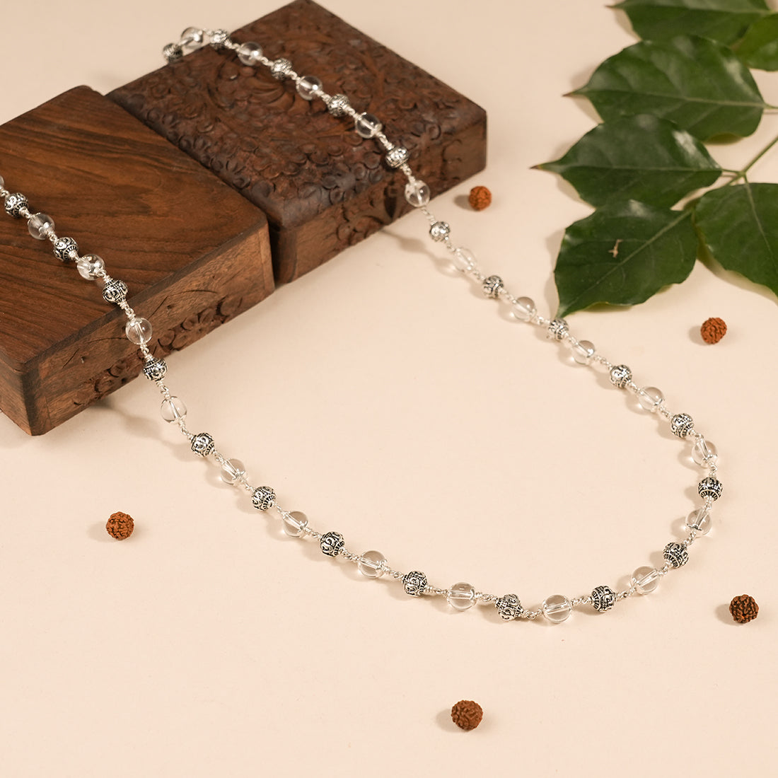 SPHATIK WITH OM SILVER BEADS MALA