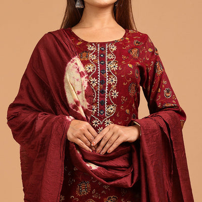Maroon Printed With Embroidered Rayon Salwar Suit