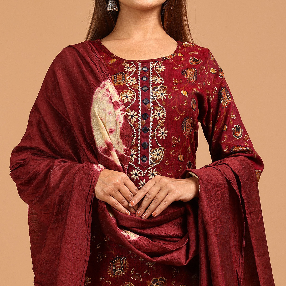 Maroon Printed With Embroidered Rayon Salwar Suit