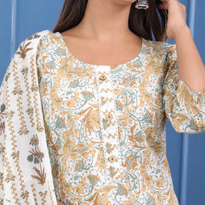 Cream And Brown Floral Printed Pure Cotton Suit