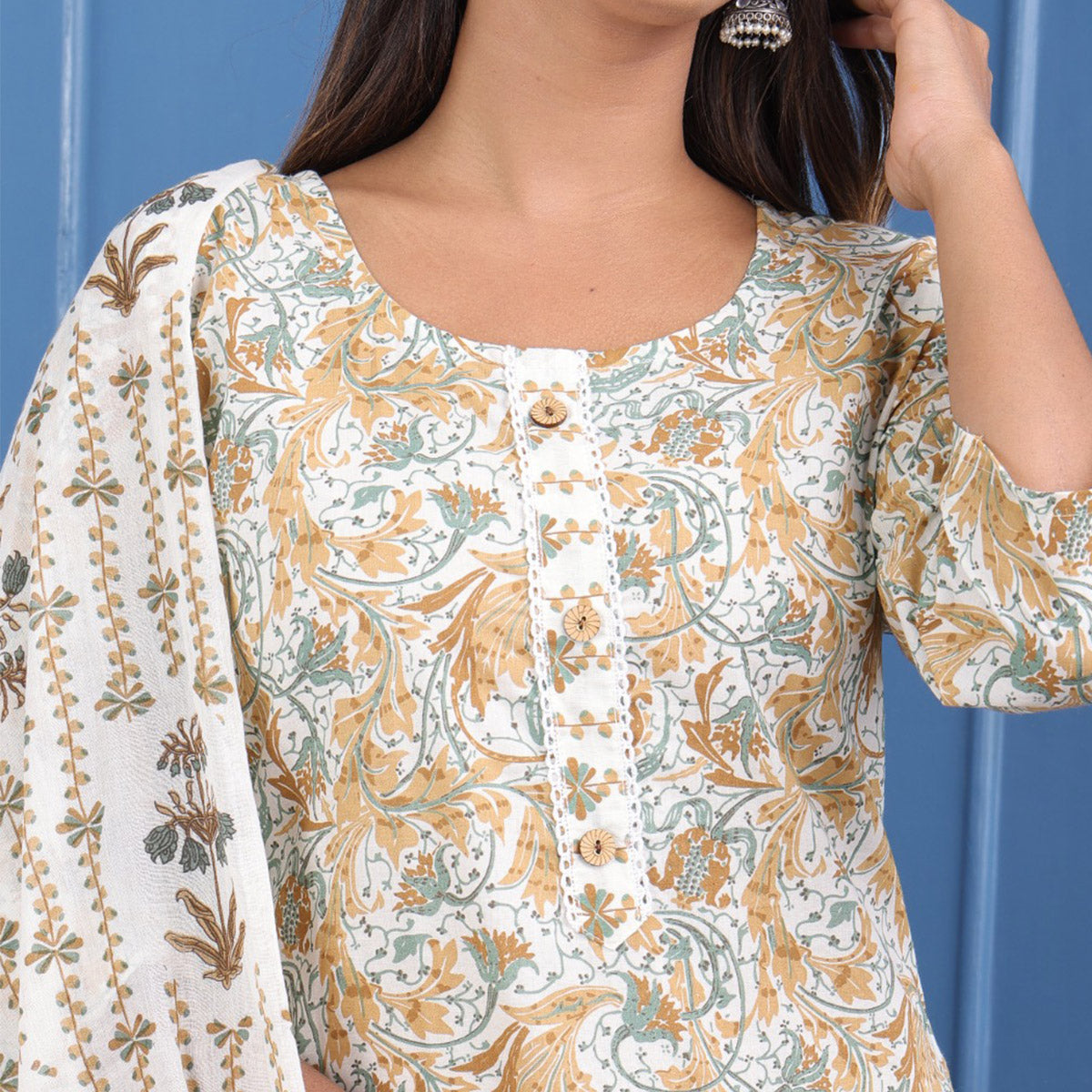 Cream And Brown Floral Printed Pure Cotton Suit