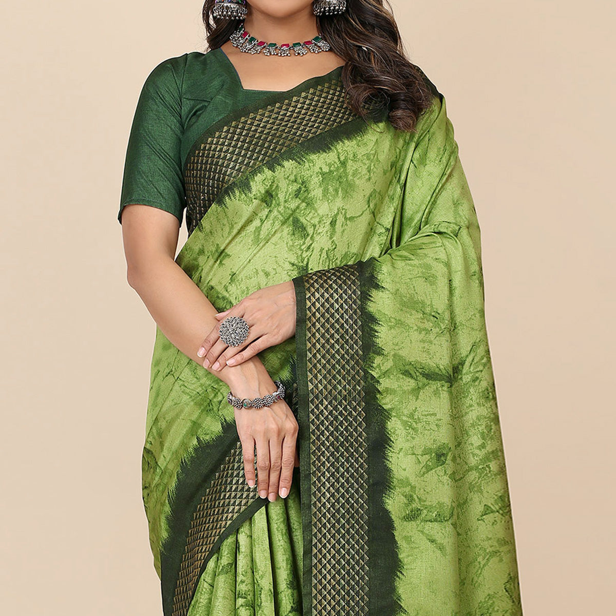 green-printed-cotton-silk-saree-with-zari-border