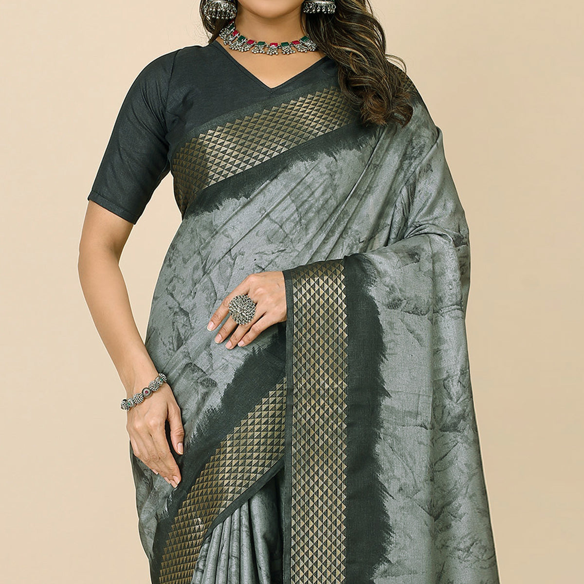 Grey Printed Cotton Silk Saree With Zari Border