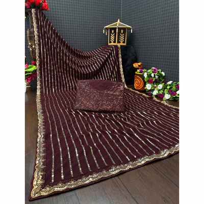 Brown Sequins Embroidered Georgette Saree