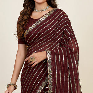 Brown Sequins Embroidered Georgette Saree