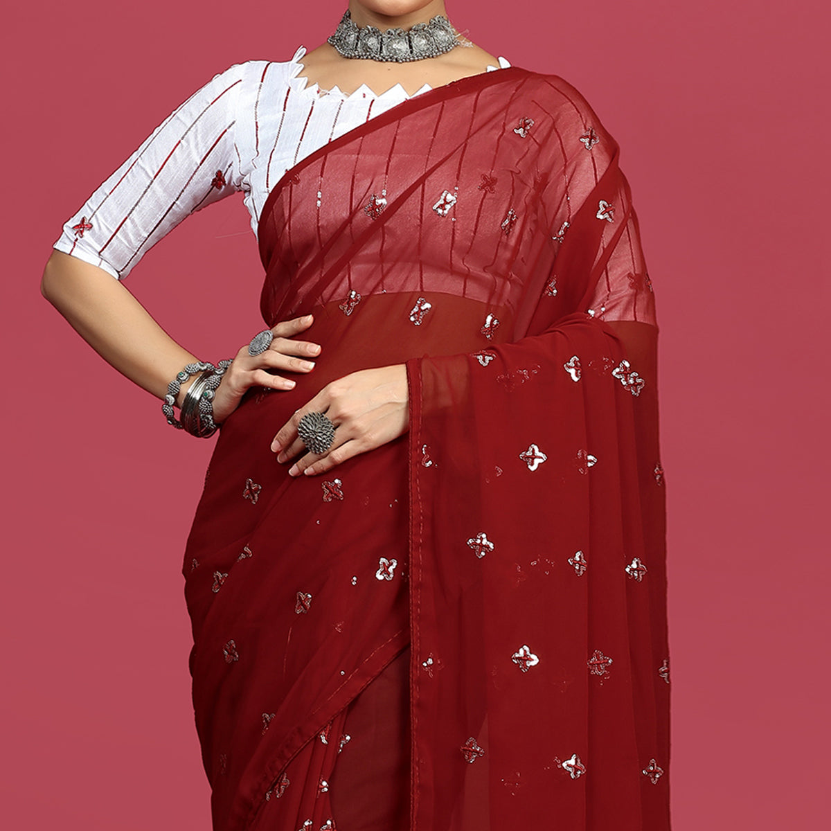 Maroon Sequins Embroidered Georgette Saree