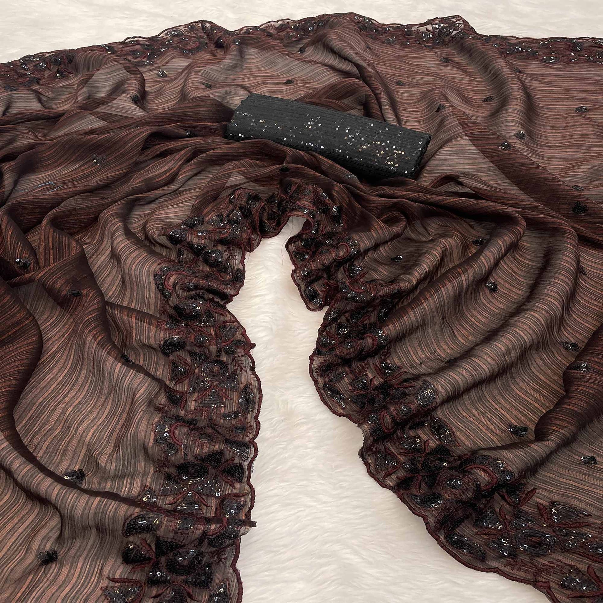 Dark Maroon Sequins Embroidered Chiffon Saree