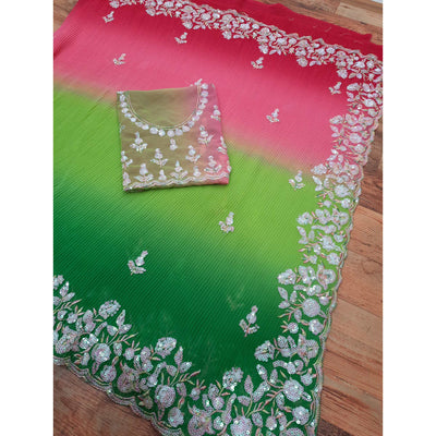 pink-green-sequins-embroidered-georgette-crush-saree