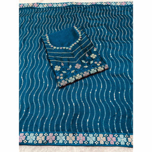Morpich Blue Sequins Embroidered Vichitra Silk Saree