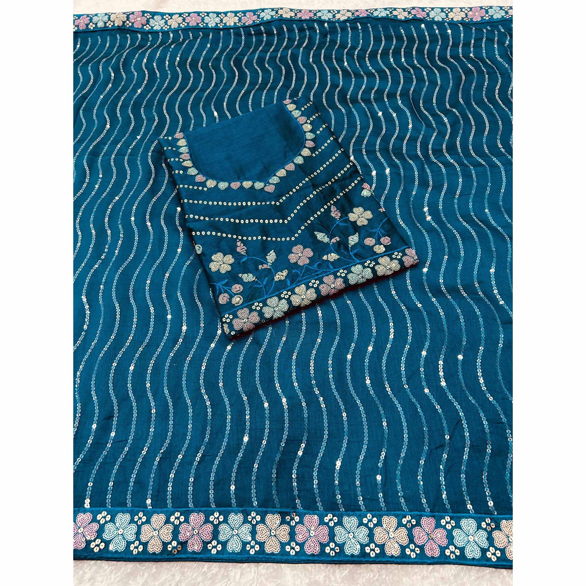 Morpich Blue Sequins Embroidered Vichitra Silk Saree