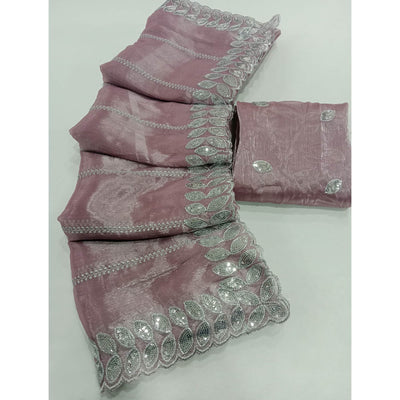 Light Mauve Embroidered Chiffon Saree With Sequins Border