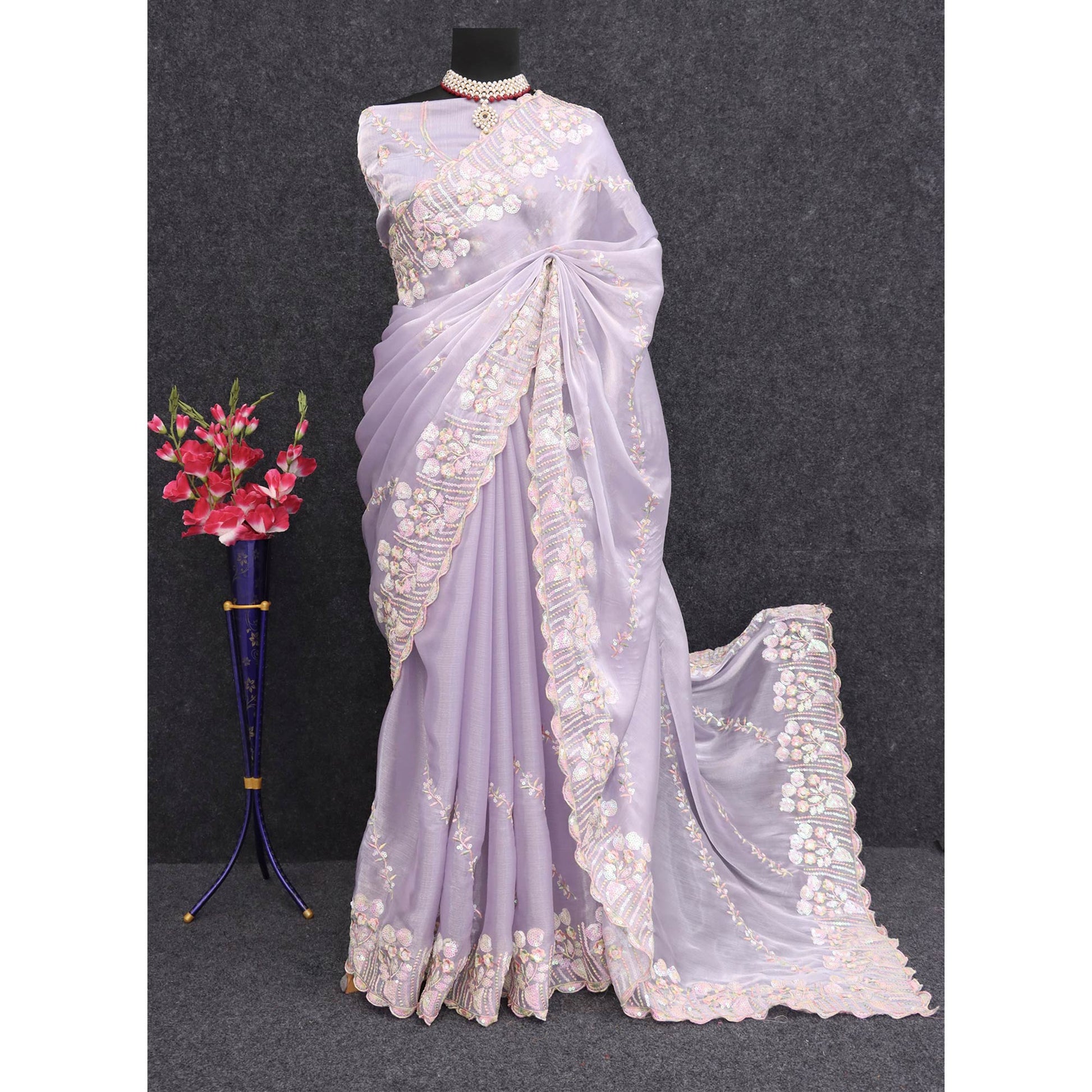 Light Lavender Sequins Embroidered Chiffon Saree