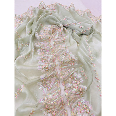 Light Pista Green Sequins Embroidered Chiffon Saree