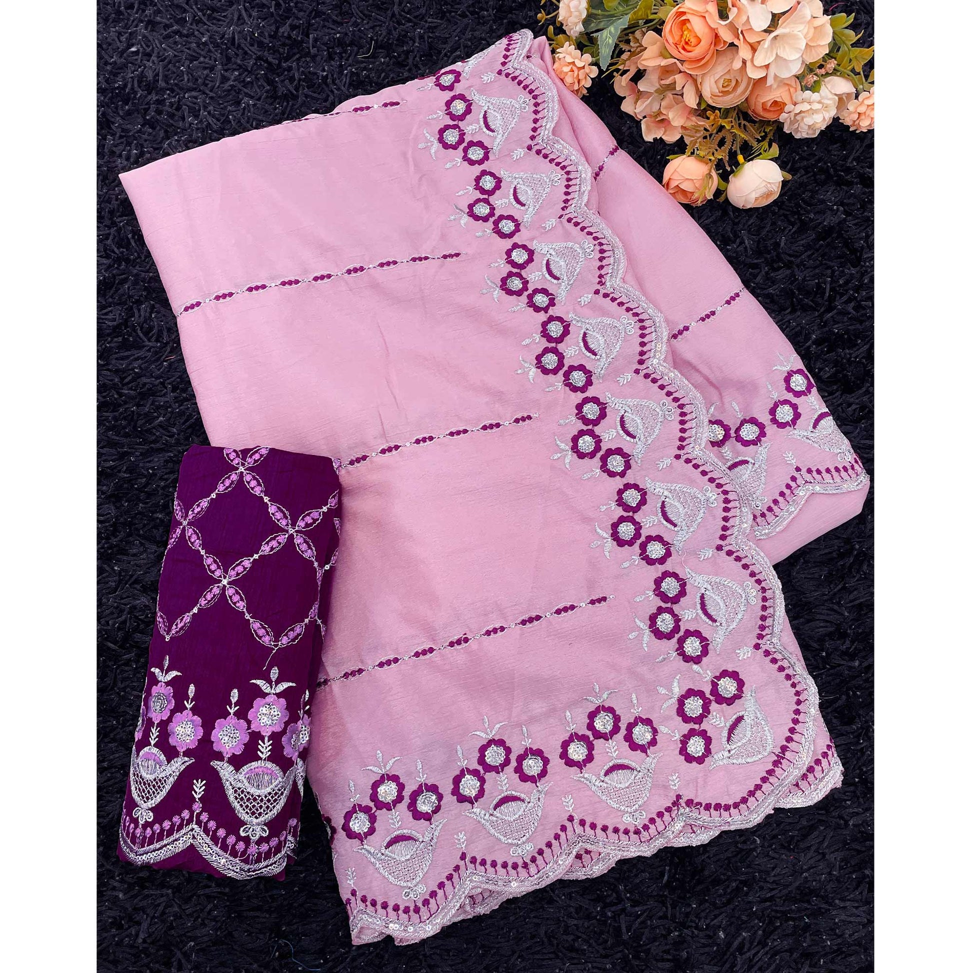 Light Pink Sequins Embroidered Chinon Saree