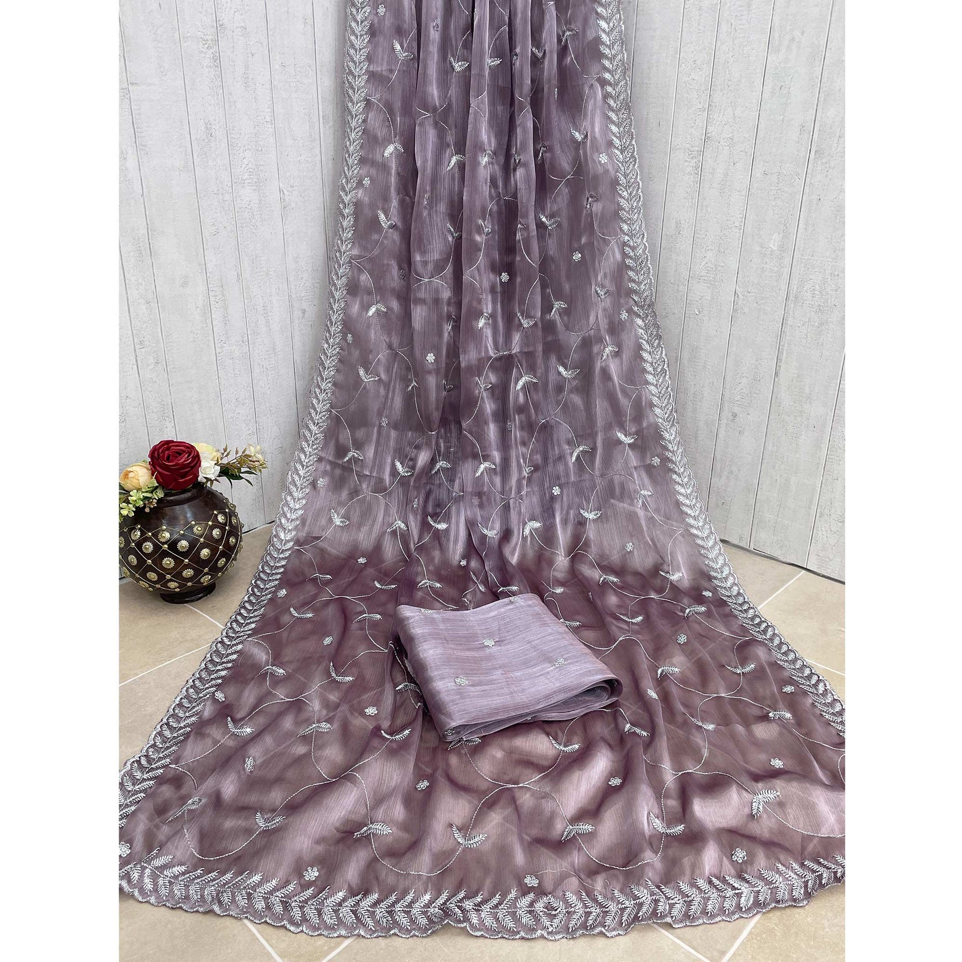 Dusty Mauve Sequins Embroidered Chiffon Saree