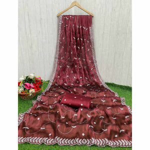 Maroon Sequins Embroidered Chiffon Silk Saree