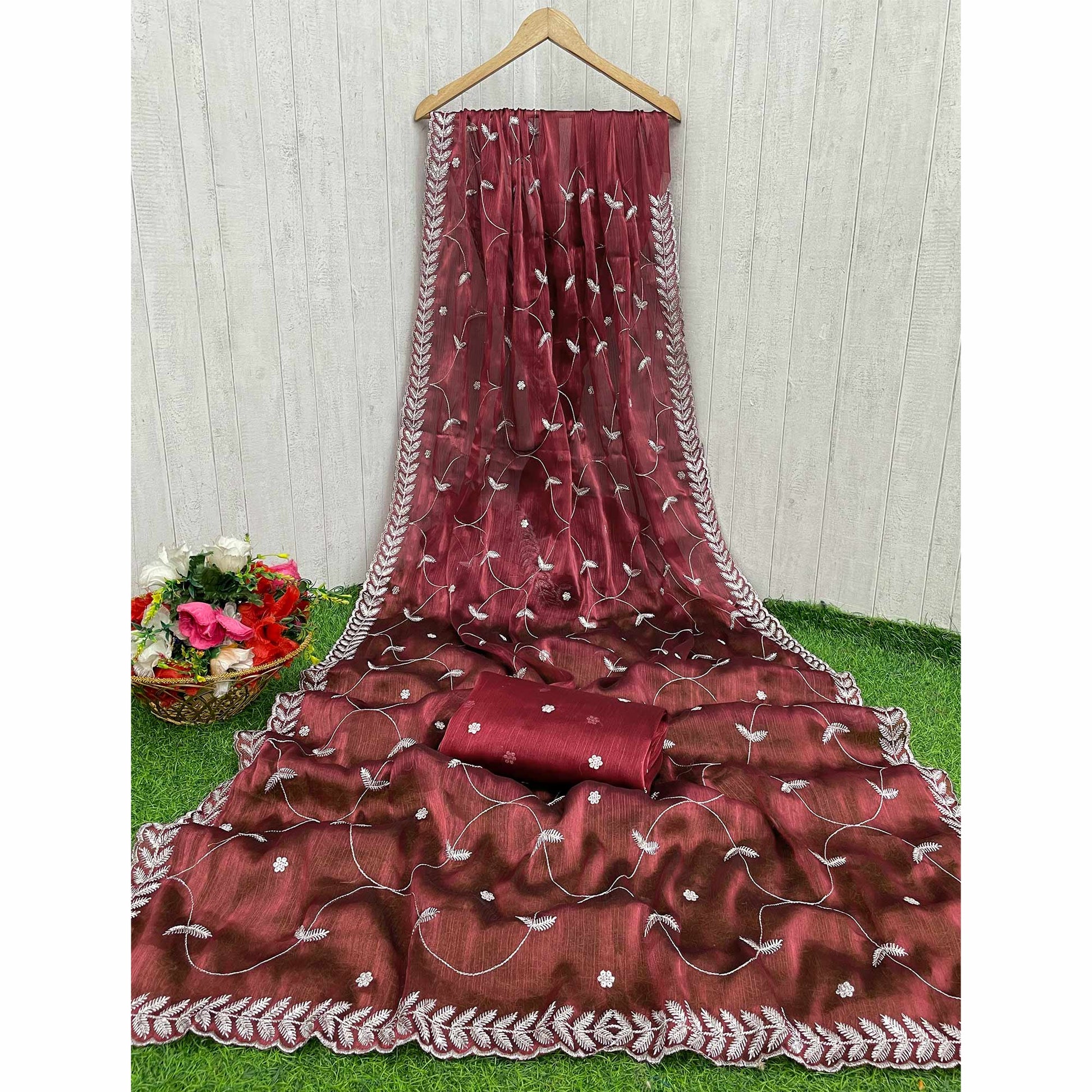 Maroon Sequins Embroidered Chiffon Silk Saree