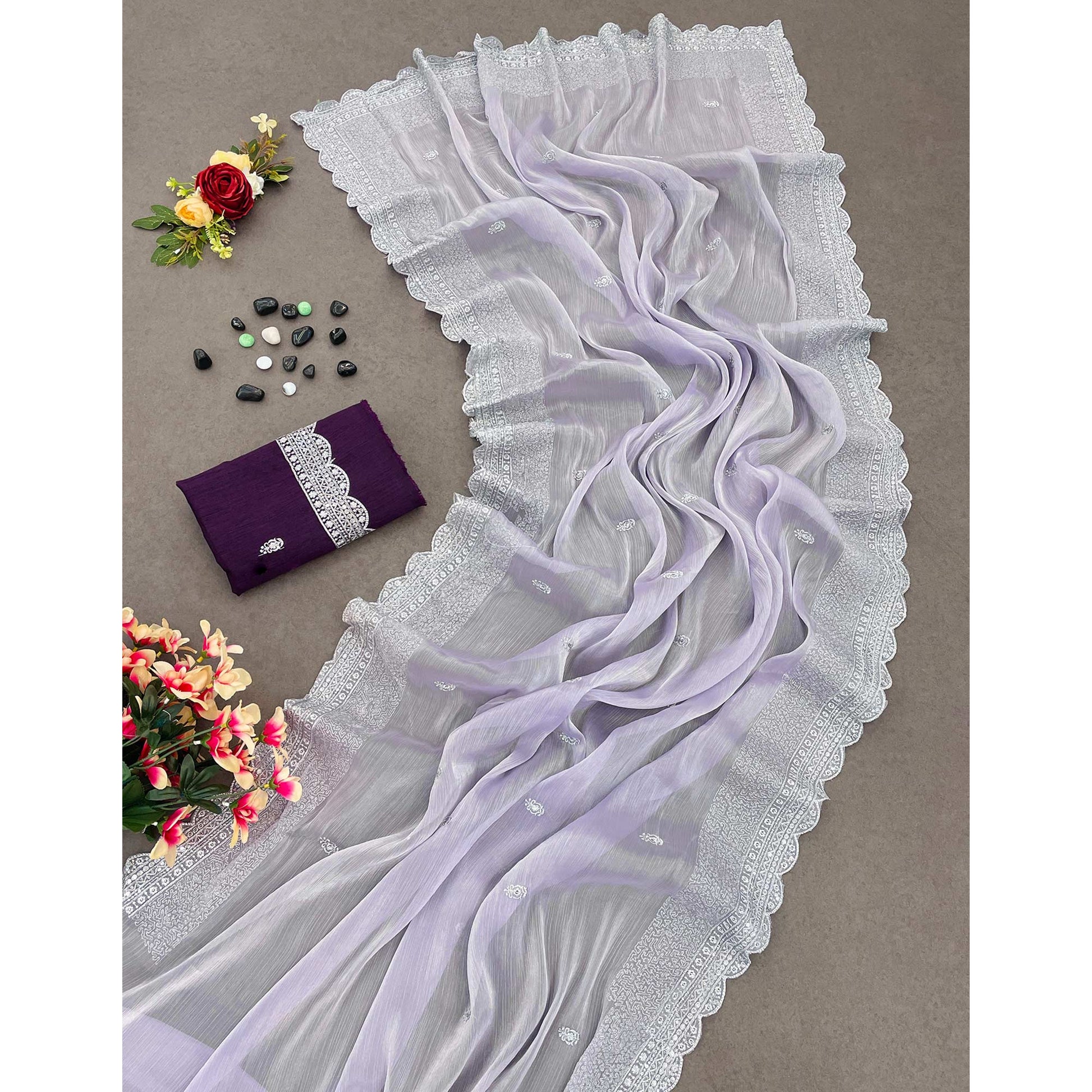Lavender Sequins Embroidered Chiffon Saree