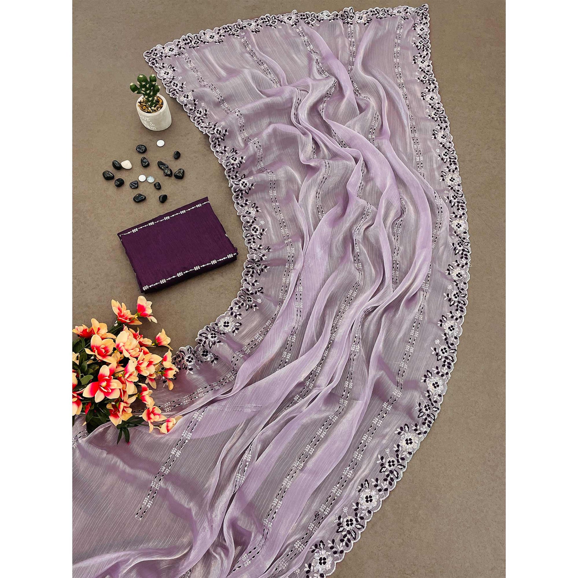 Lavender Sequins Embroidered Chiffon Saree
