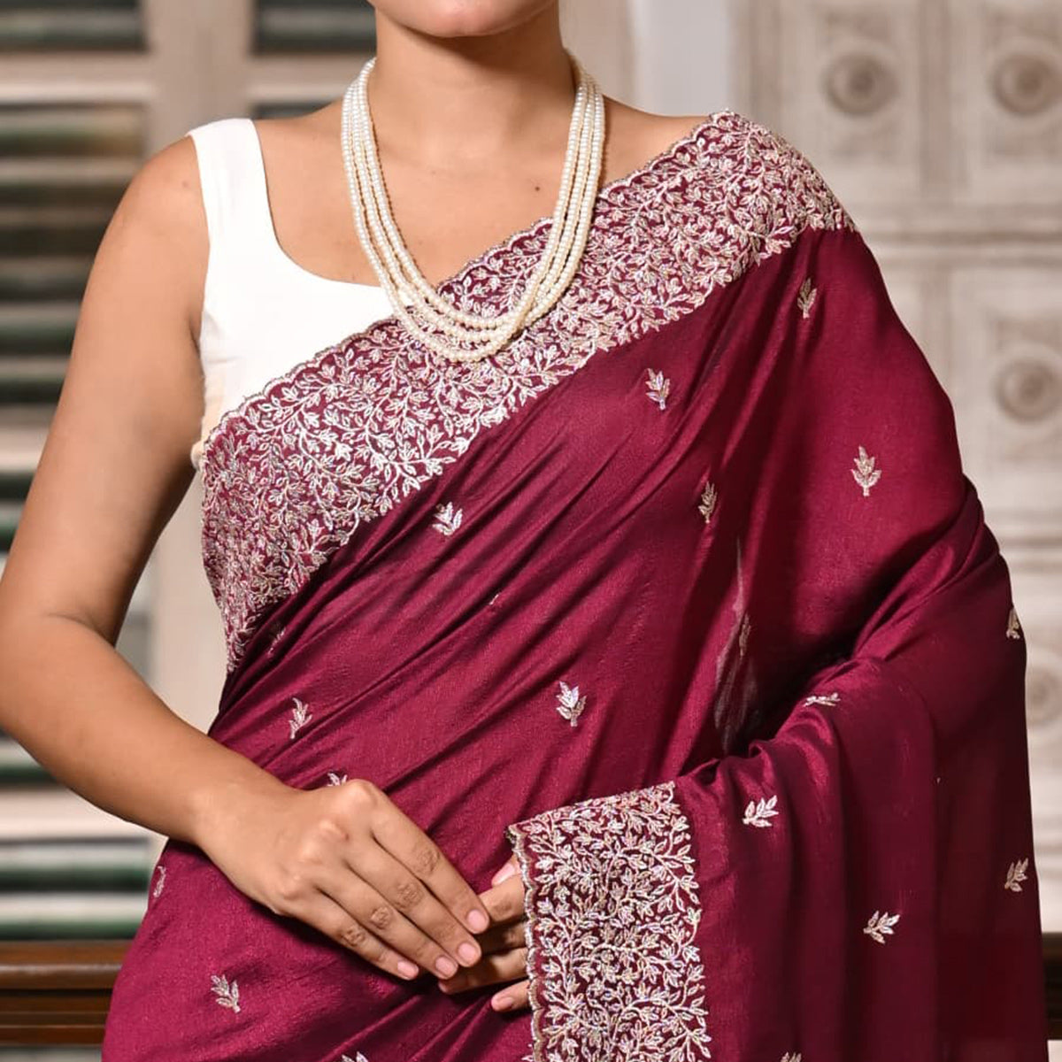 Maroon Embroidered Vichitra Silk Saree
