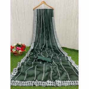 Bottle Green Sequins Embroidered Chiffon Silk Saree