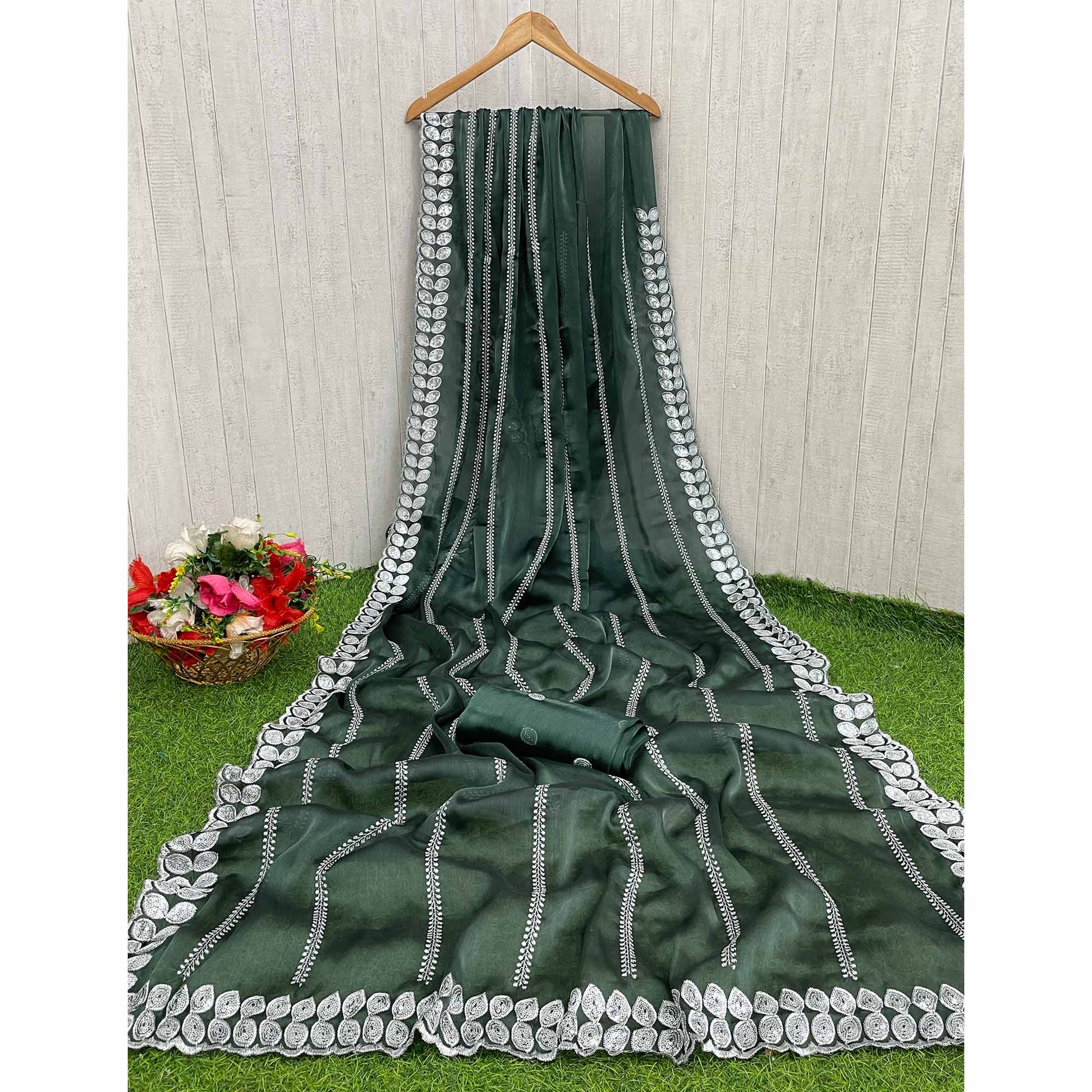 Bottle Green Sequins Embroidered Chiffon Silk Saree