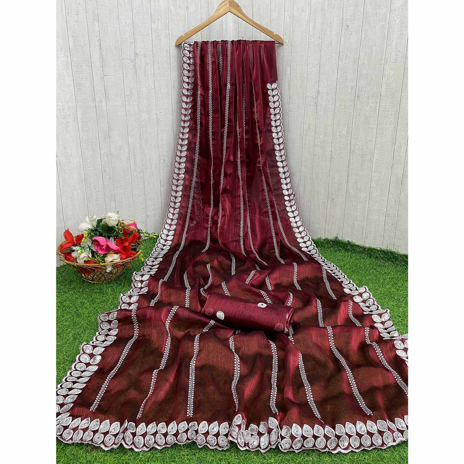 Maroon Sequins Embroidered Chiffon Silk Saree