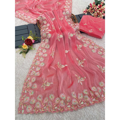 Gajri Pink Sequins Embroidered Chiffon Saree
