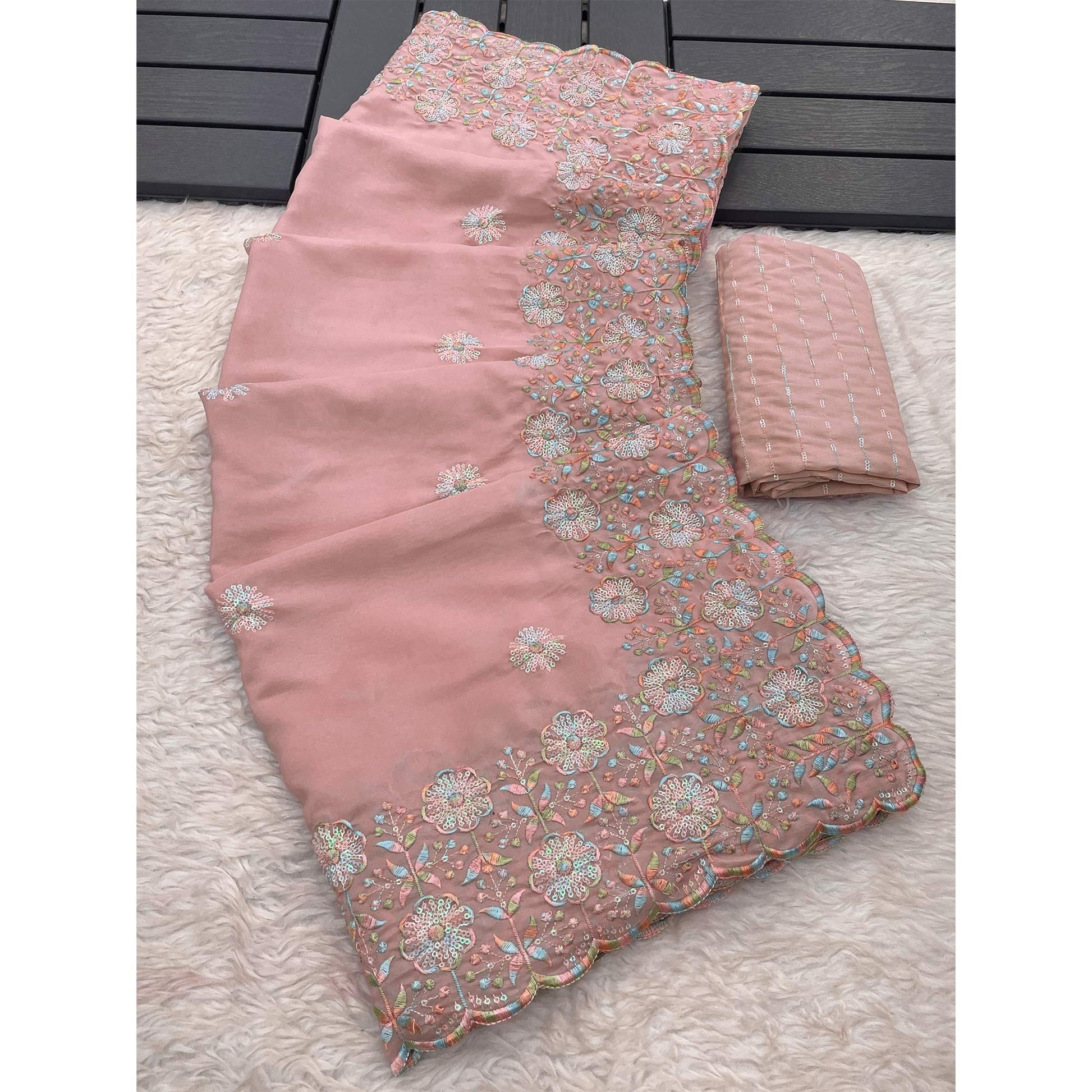 Dusty Pink Floral Sequins Embroidered Crepe Silk Saree