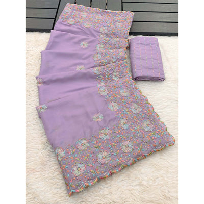 Light Purple Floral Sequins Embroidered Crepe Silk Saree